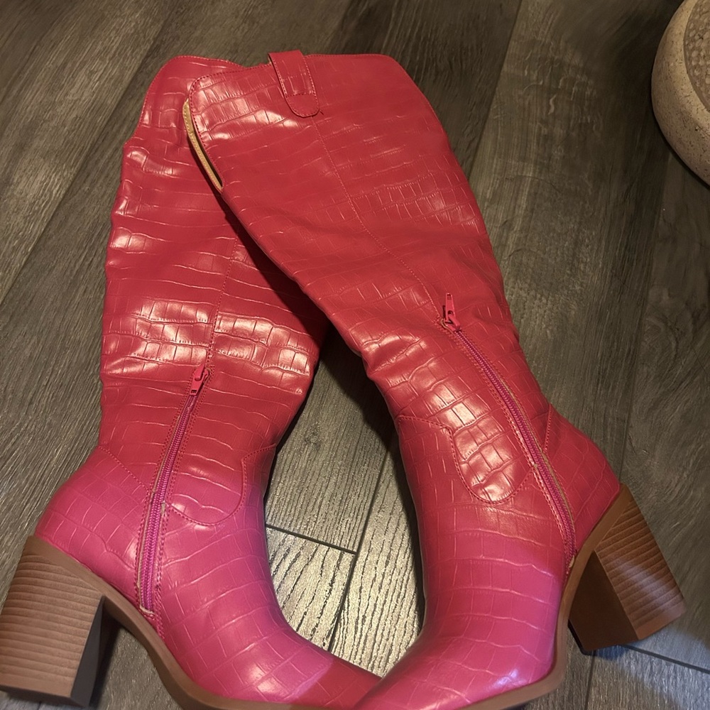 Pink Croc-Embossed Knee-High Boots